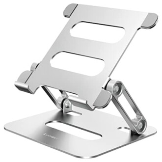 Support d'ordinateur portable réglable en métal argenté.