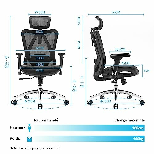 Chaise de bureau ergonomique avec dimensions et recommandations de poids.