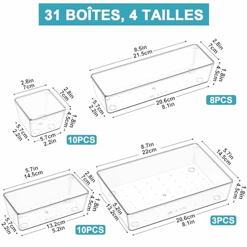 Dimensions des boîtes de rangement en plastique en quatre tailles.