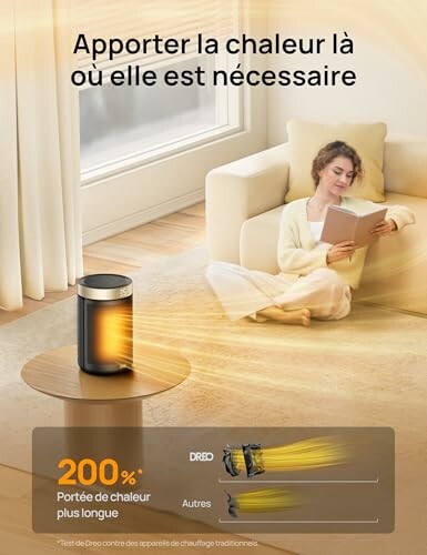 Femme lisant sur un canapé avec un radiateur portatif.